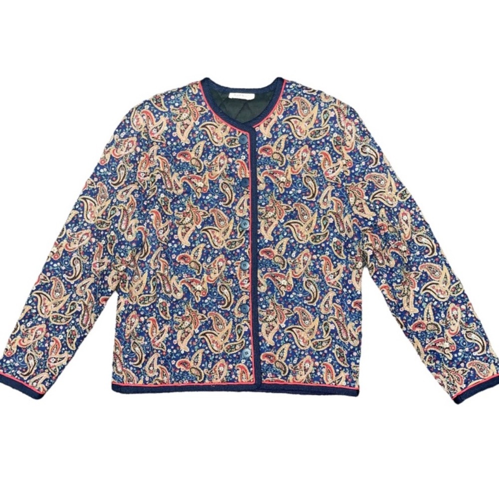 Vintage Quilted Jacket Paisley Designer Style Cottage Boho Red Navy Size 14